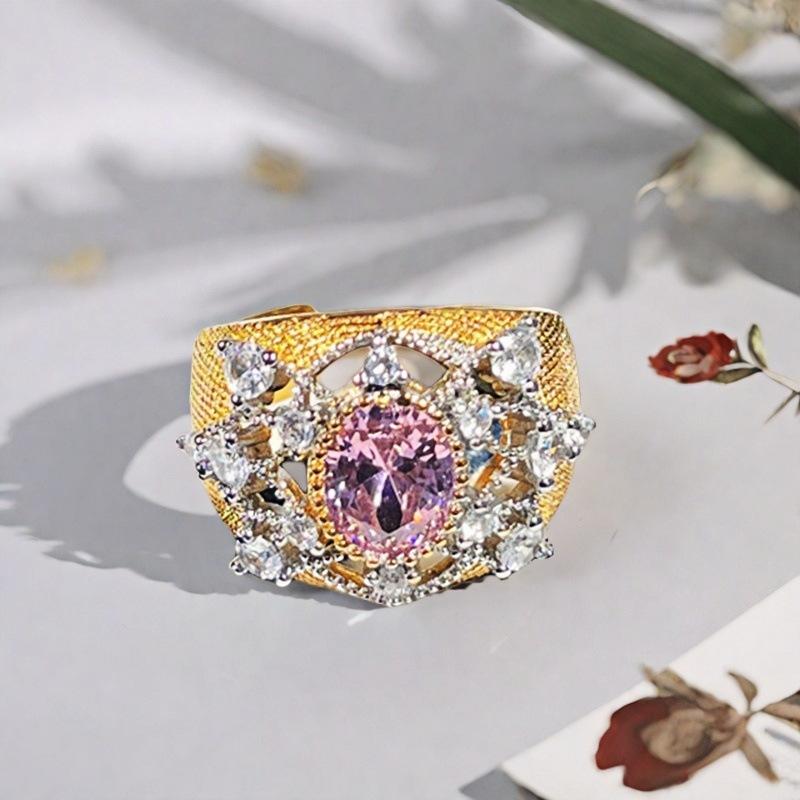 Sweet Girl Heart Pink Love Zircon Crown Open Ring Niche Design Light Luxury High Sense Fashion Ring