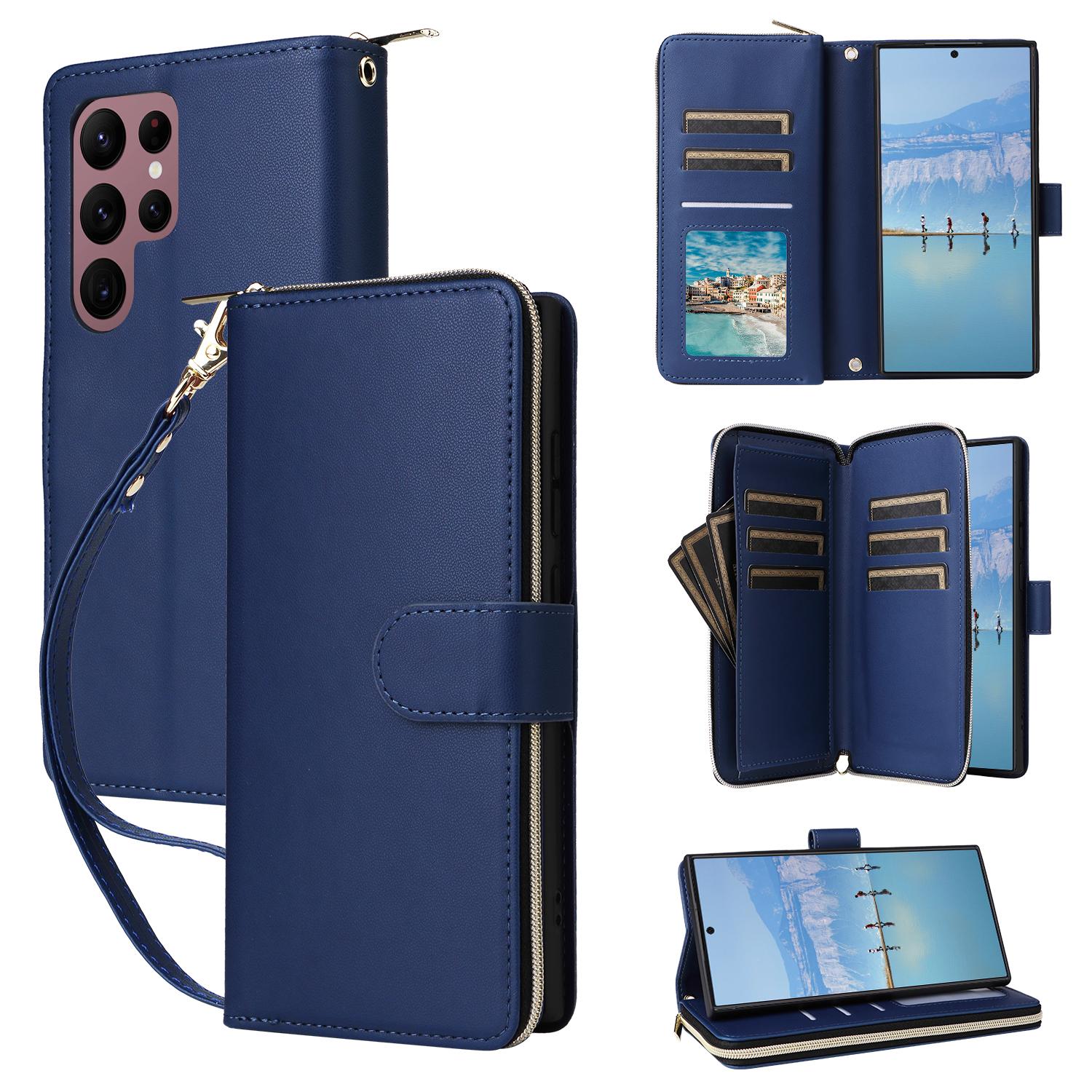 

R20 For Samsung Galaxy S22 Ultra 5G Leather Case Zipper Pocket Stand Phone Cover Blue