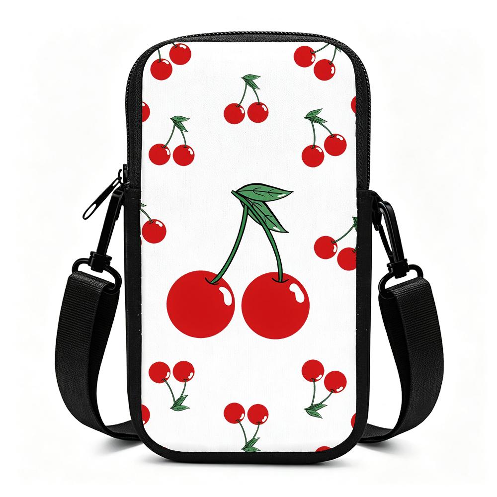 Cherry Blossom Cartoon Red Cherries Pattern Green Stem Leaf Graphic Print Fashion Adjustable Removable Strap Crossbody Phone Bag