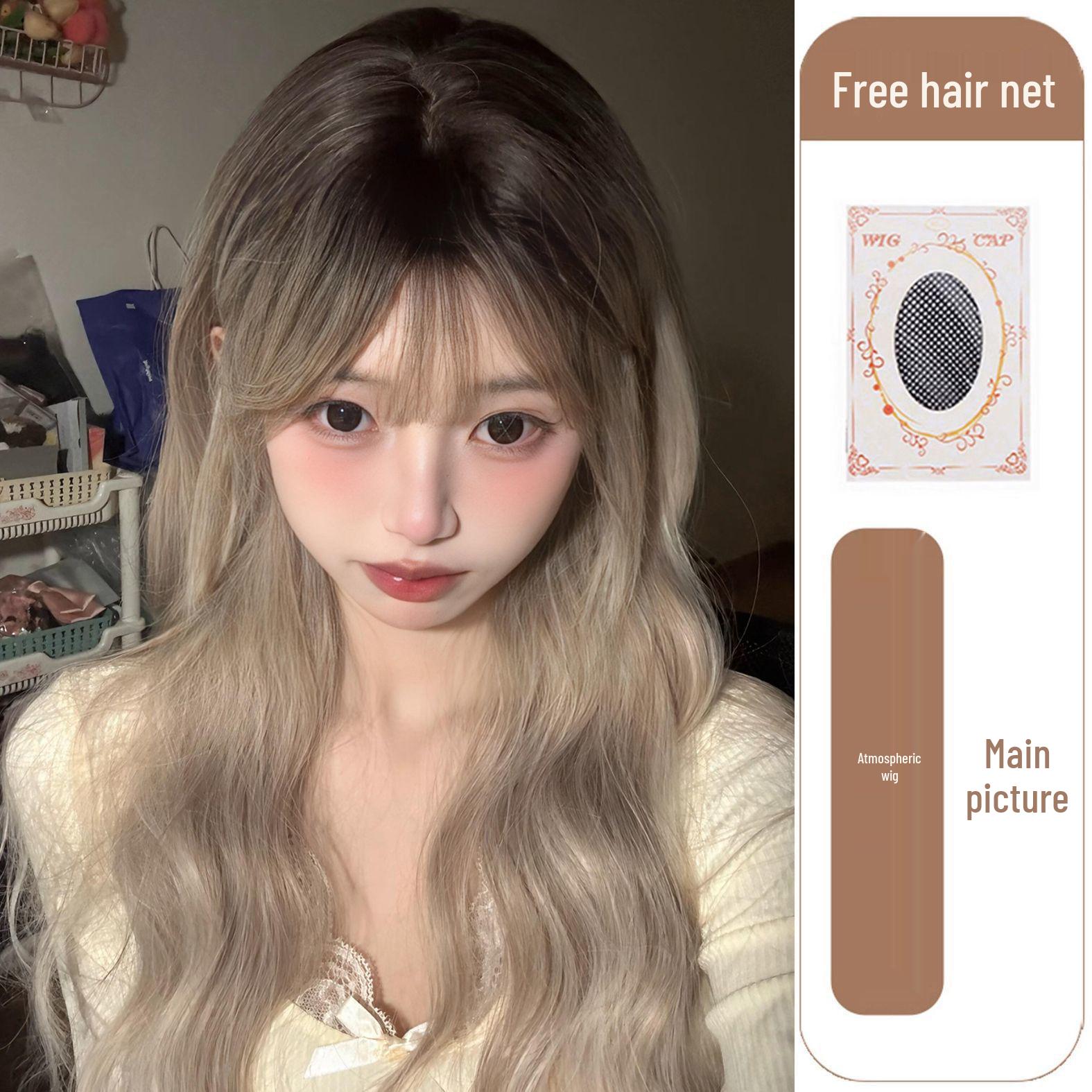 Женский длинный кудрявый градиентный парик с челкой - Серо-коричневые пушистые волны