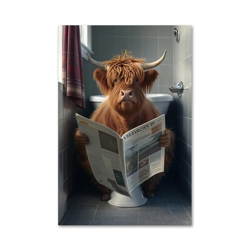 Funny Bathroom Humorous Animal Bear Dog Tiger Sitting On Toilet Reading Newspaper Canvas Painting Posters and Prints Wall Art