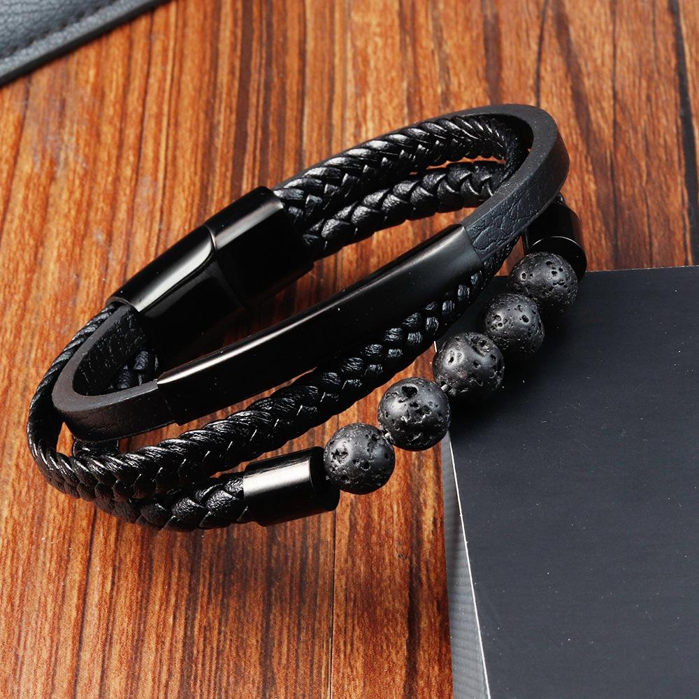 Black Leather Rope Cowhide Men's Natural Stone Volcanic Stone Woven Bracelet Handmade Multilayer Leather Bracelet 2026