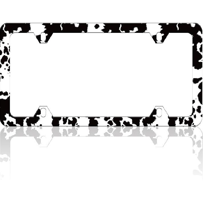 Black And White Cow Print License Plate Frame Funny Spots License Plate Frames Animal Pattern Auto Accessory Bracket Stainless Steel License Plate