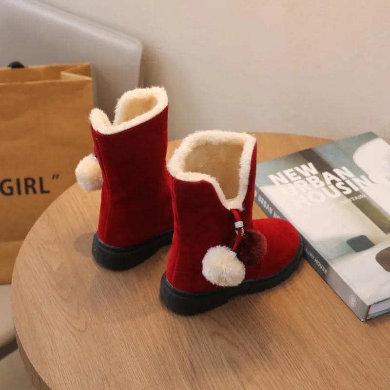 Winter Children s Classic Plush Boots Soft Hairball Girls Causal Snow Boots Wine Red Kids Mid-calf Boots Non-slip 26 вино красного