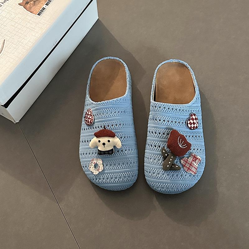 Cartoon fashion cute hollow woven bag head slippers women's summer retro versatile home breathable flat bottom cool slippers