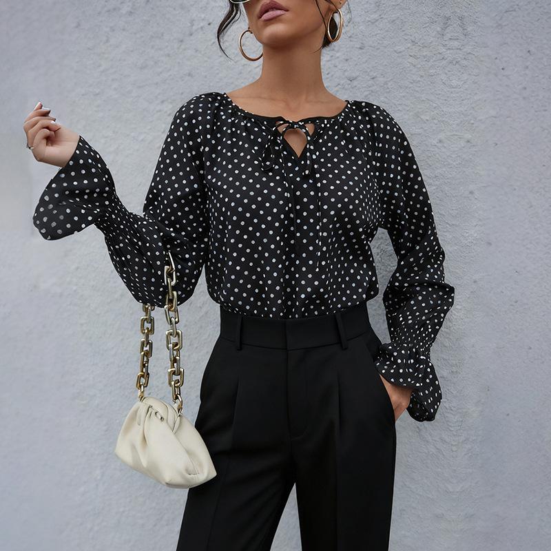 Moda Donna Casual Primavera Autunno Stampa Pois Manica Lunga Scollo a O Camicette Camicie