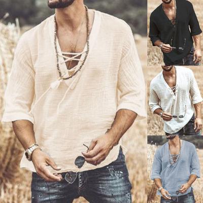 V-Neck Solid Color Men Shirt Lightweight Front Lace Up Half Sleeve T-shirt Male Clothing
