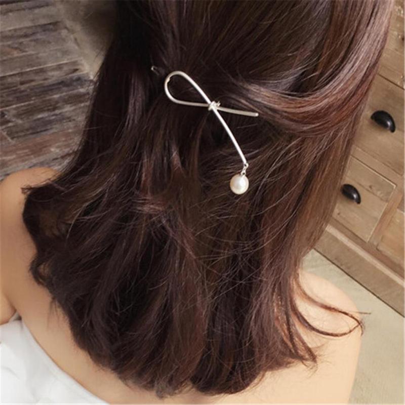Simple Bow Pearl Hair Pins Metal Fashion Women Gold Silver Hair Clip Hairpin Clip Hair