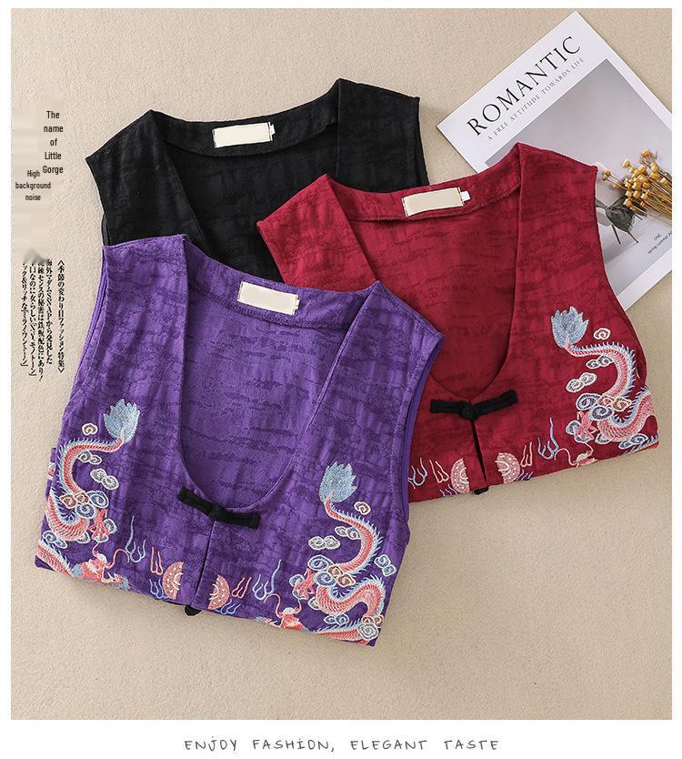 2026 Spring/Summer Retro Ethnic V-neck Embroidered Cotton Linen Sleeveless Vest for Women