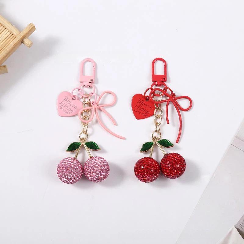 1Pcs Creative Heart Butterfly Bow Cherry Bag Accessory Adorable Fruit Cherry Keychain Fashion Car Key Ring Gift