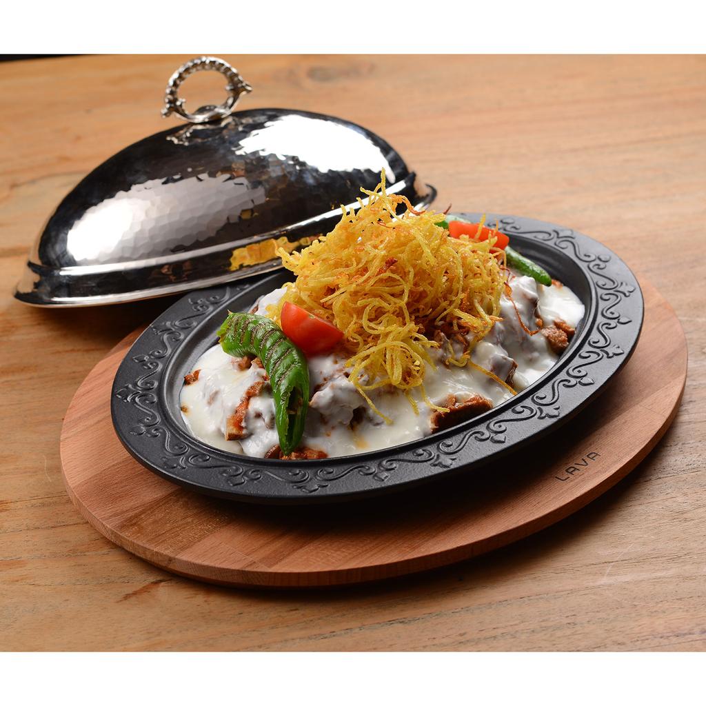 Lava Cast Iron Oval Serving Plates And Bowls. With Wooden Platter 28X20cm.