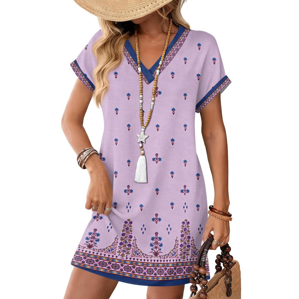 Damenmode Druck V-Ausschnitt Kurzarm Tasche Lässiges Pulloverkleid
