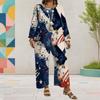 Women Plus Size Round Neck Long Sleeve Firework Star Printed Layered Top Wide Leg Cropped Pants Two Piece Set