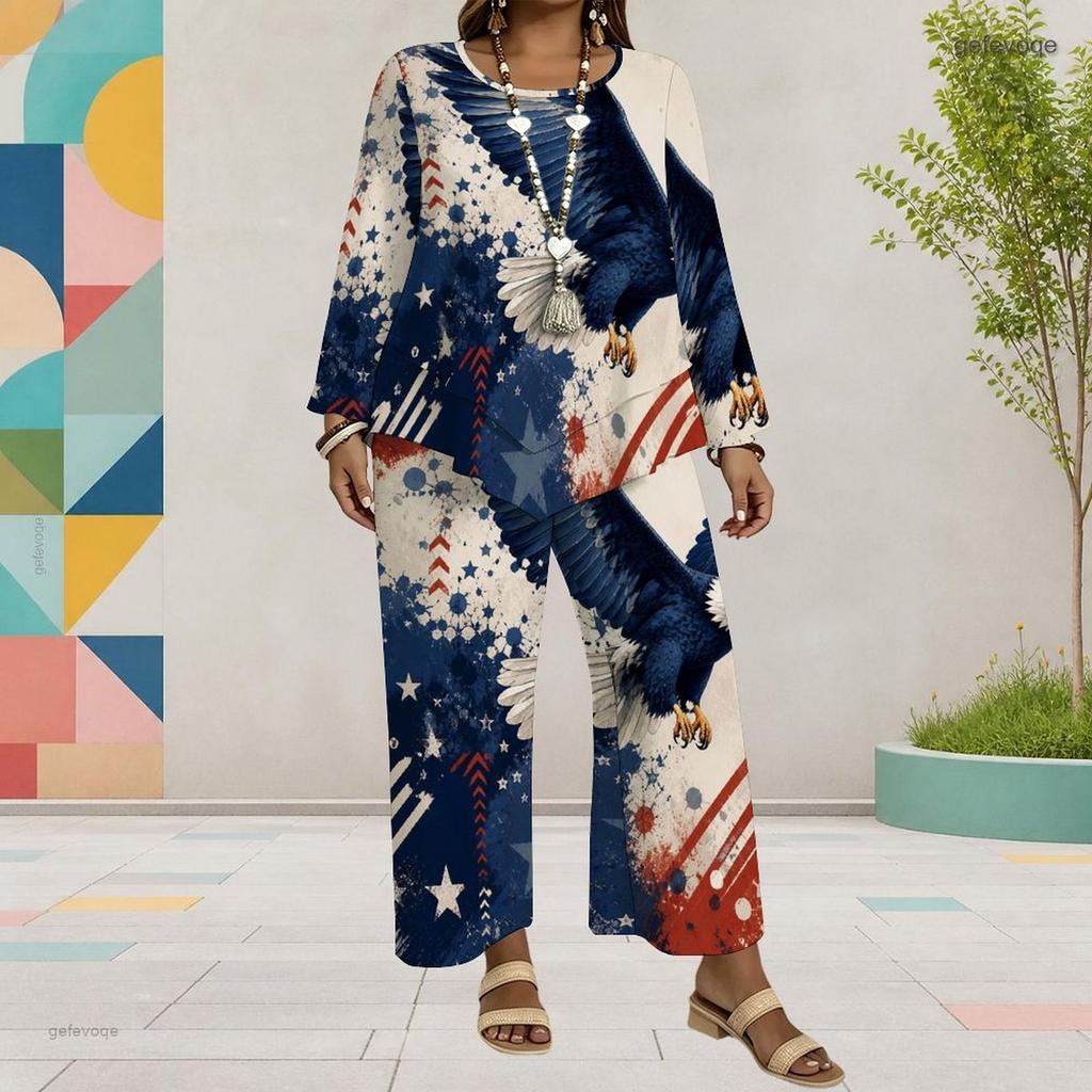 Women Plus Size Round Neck Long Sleeve Firework Star Printed Layered Top Wide Leg Cropped Pants Two Piece Set