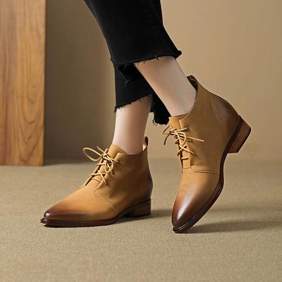 Fashion NEW Autumn/Winter Women Boots Pointed Toe Chunky Heel Shoes Genuine Leather Shoes for Women Lace-up Ankle Boots Handmade Boots