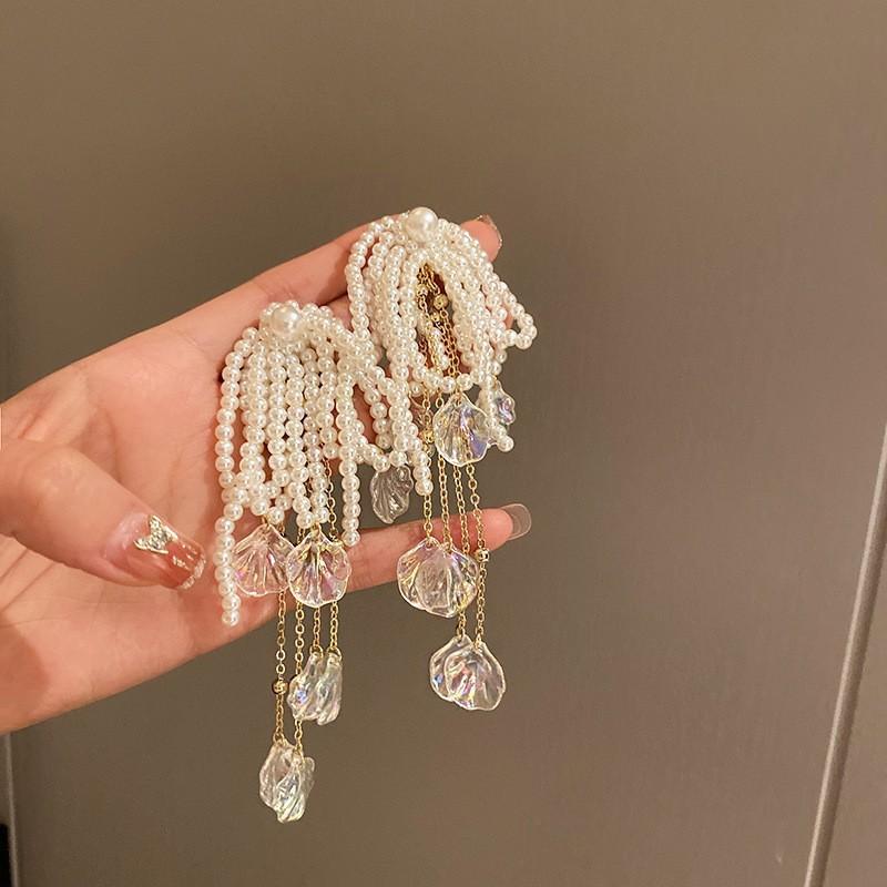 Premium pearl flower fringed earrings 2025 light luxury gentle temperament earrings niche personality earrings women