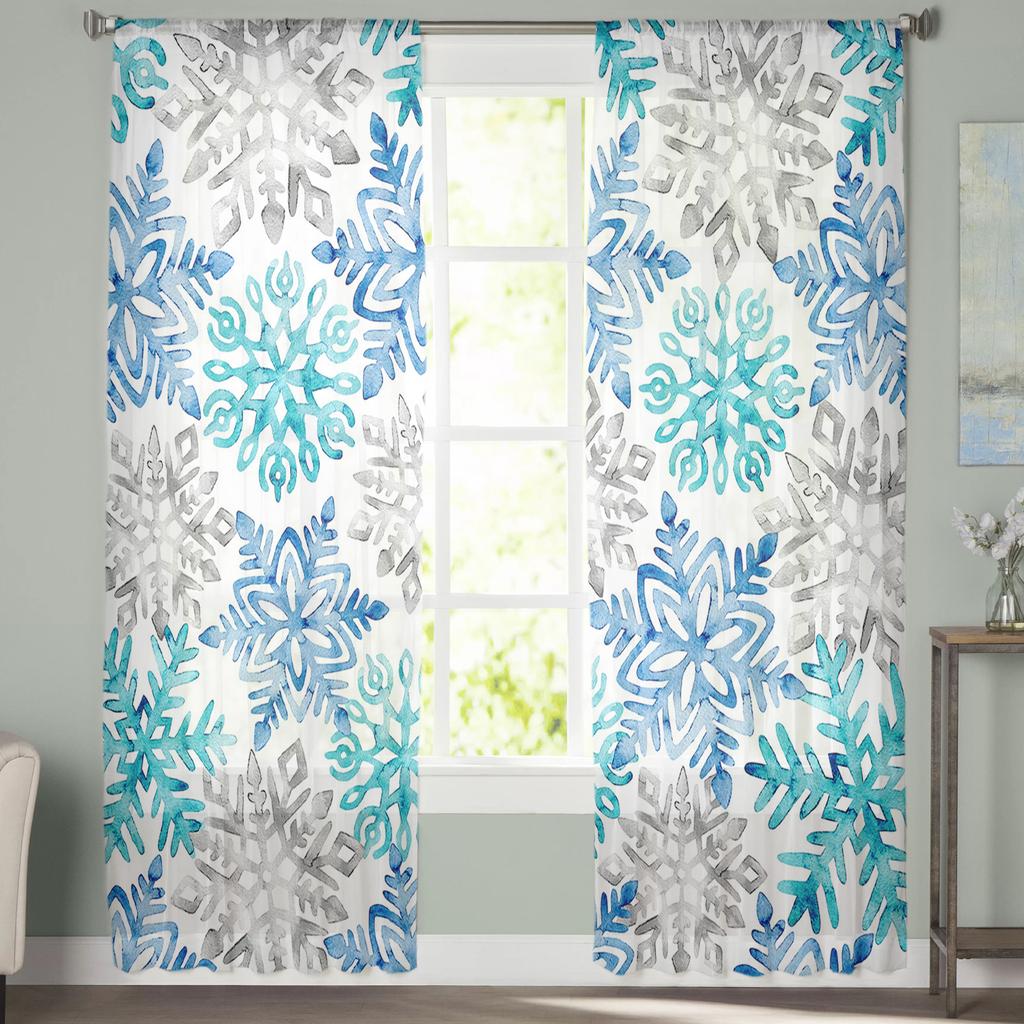Christmas Blue Green Snowflakes Living Room Transparent Tulle Window Curtain Bedroom Kitchen Decor Veil Drapes Curtains