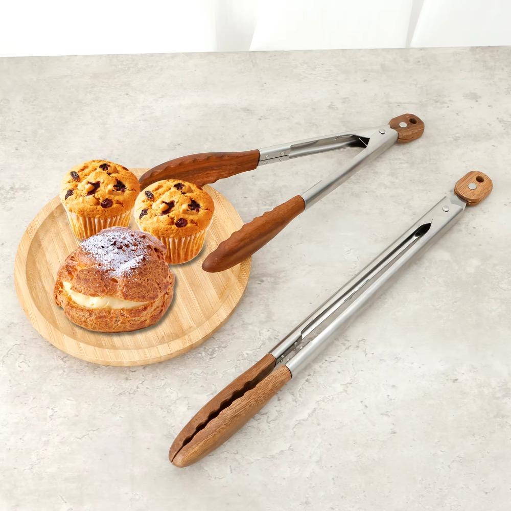 Wood Head Salad Bread Dessert Tong Stainless Steel Handle Food Clamp Barbecue Clips  Cooking