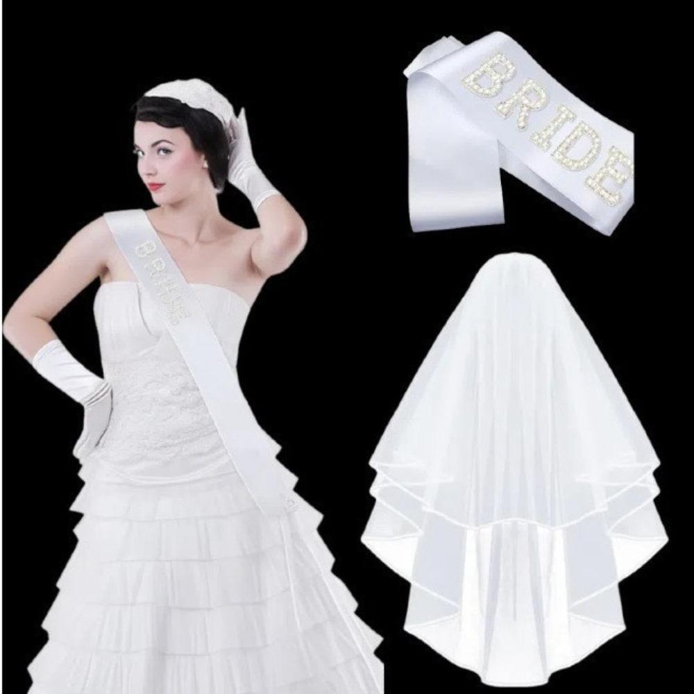 

Sparkle Bridal Sash Veil Kit Pearl Letters Hair Accessory Set Wedding Ceremony білий