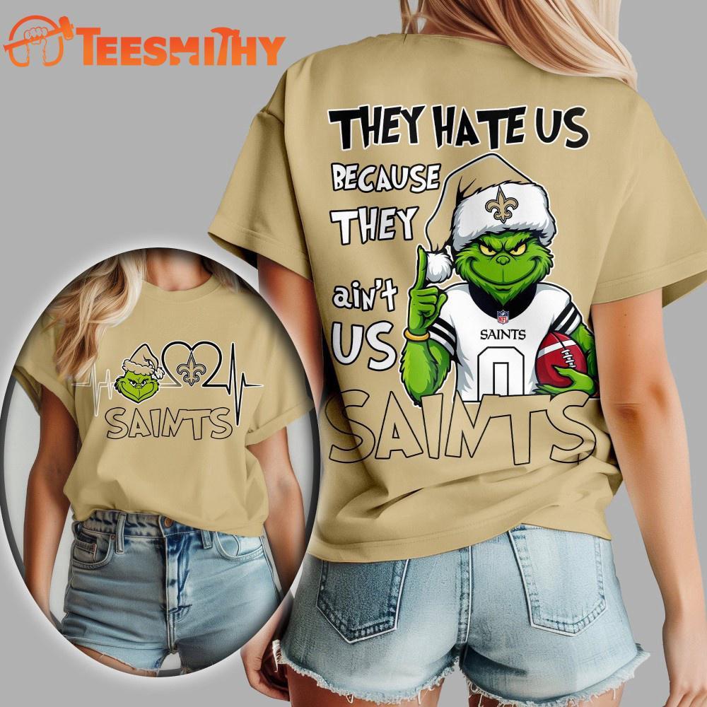 NewOrlean Saint 2025 NFL Christmas Grinch They Hate Us Shirt Unisex T-Shirt S