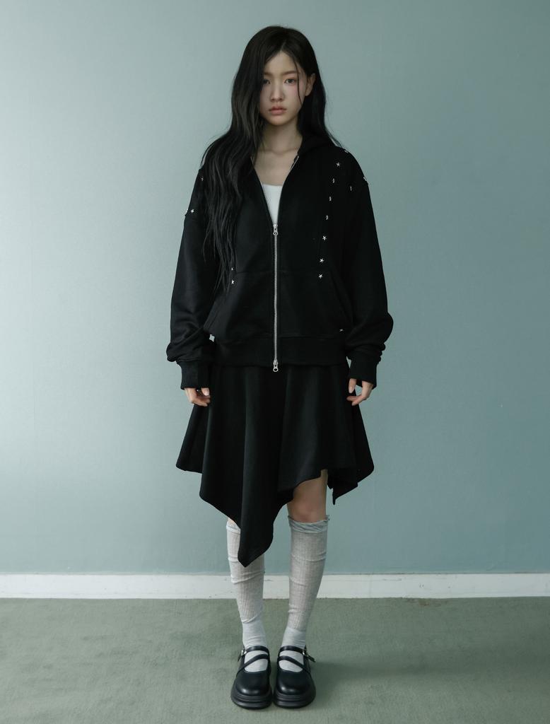 Lupeu Star Rivet Asymmetrical Midi Skirt Black