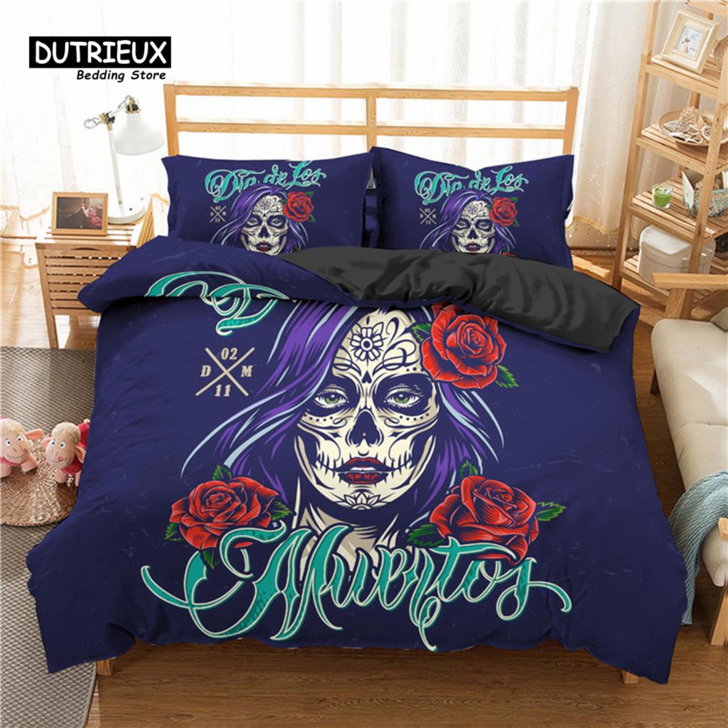 Red Rose Skull Floral Bedding Set Skeleton Flowers Green Leaves Print Duvet Cover Horror Theme Comforter Cover With Pillowcases