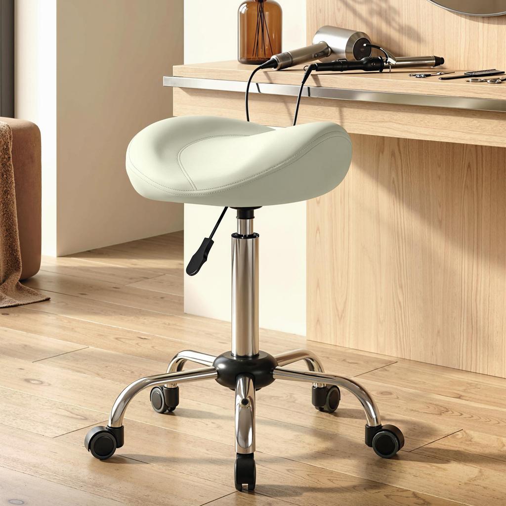 Saddle Stool, Height-Adjustable Rolling Chair with PU Leather for Massage, Spa, Clinic, Beauty and Tattoo, Cream White