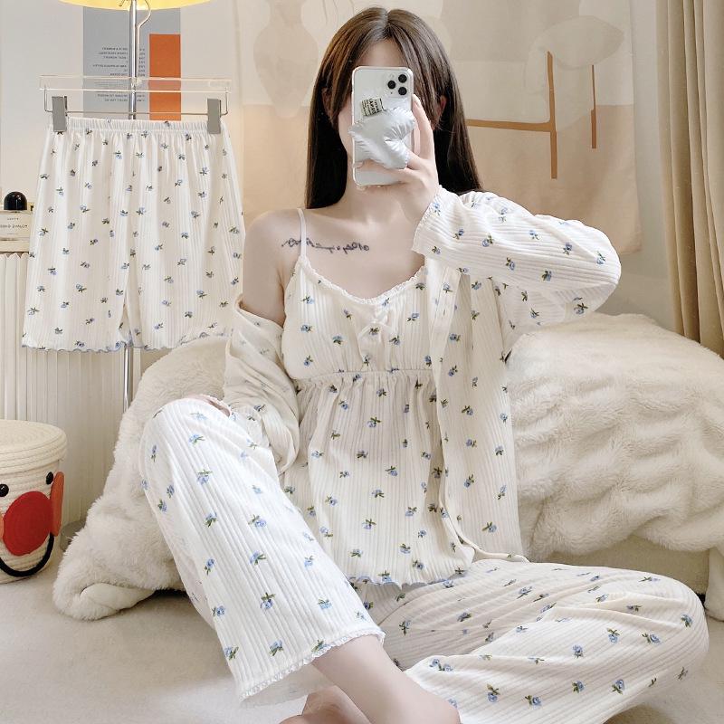 Women's Four-Piece Pajama Set: Cotton Suspenders, Long Sleeve Top, Trousers & Shorts for Spring & Autumn Relaxation