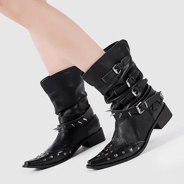 Fashion Spike Embellished Leather Ankel Boots Punk Style Pointed Toe Chunky Heel Western Booties 2025 Spring Autumn Women's Modern Boots