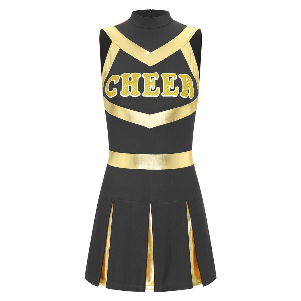 Womens Sparkling Cheerleader Dress Sleeveless Pleated Print Design Youthful Schoolgirl Uniform Halloween Costume