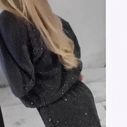 Women's Rhinestone Sparkly Long Sleeve Crew Neck Cropped Top Drawstring Wide Leg Pants 2 Piece Casual Tracksuit Set