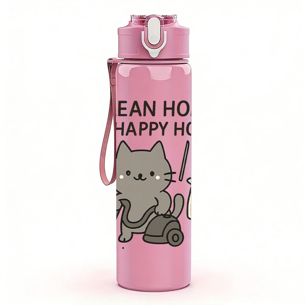 1PC Cleaning Cat Quote Text 750ml Color Plastic Sports Water Bottle Leakproof Flip Straw Lid Suitable for Sports Office Home Use