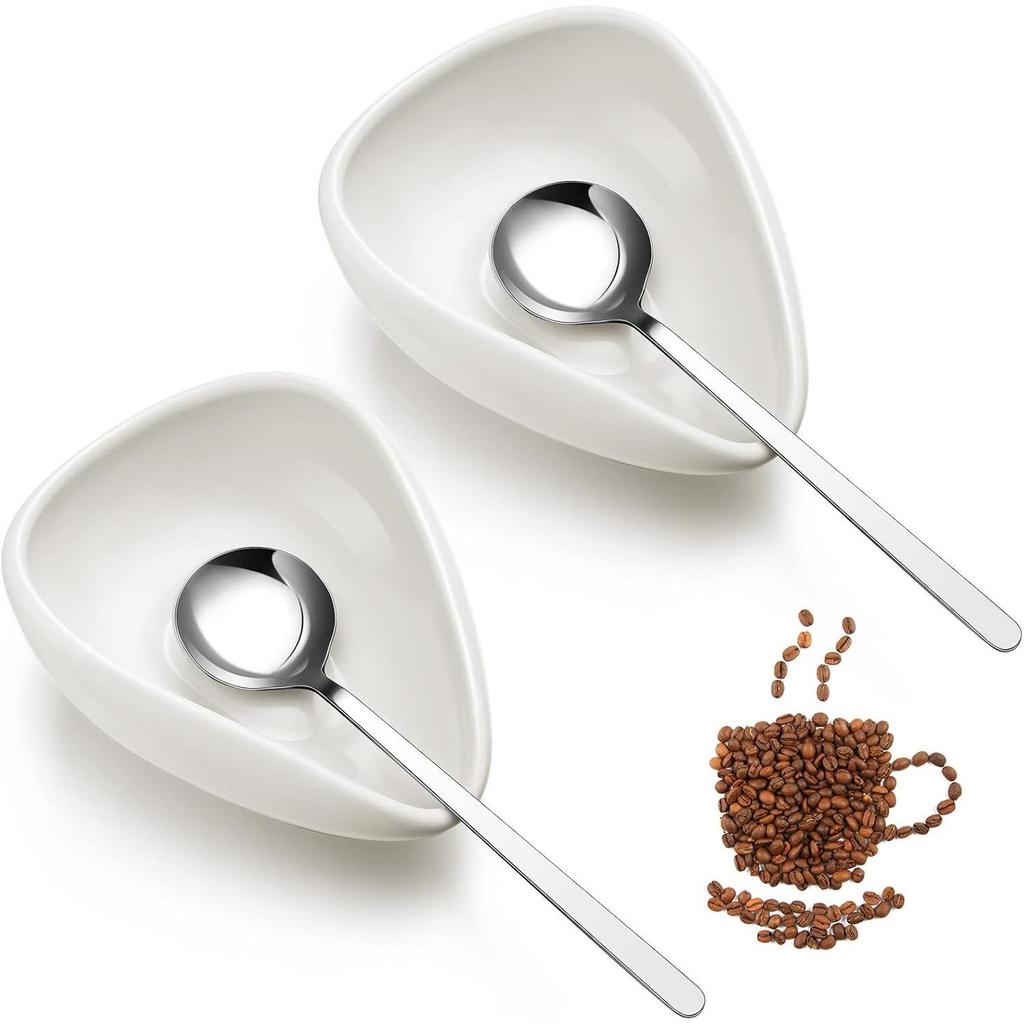 Ceramic Coffee Bean Tray & Stainless Steel Spoon Set: Collector, Display, Measuring & Weighing Use.