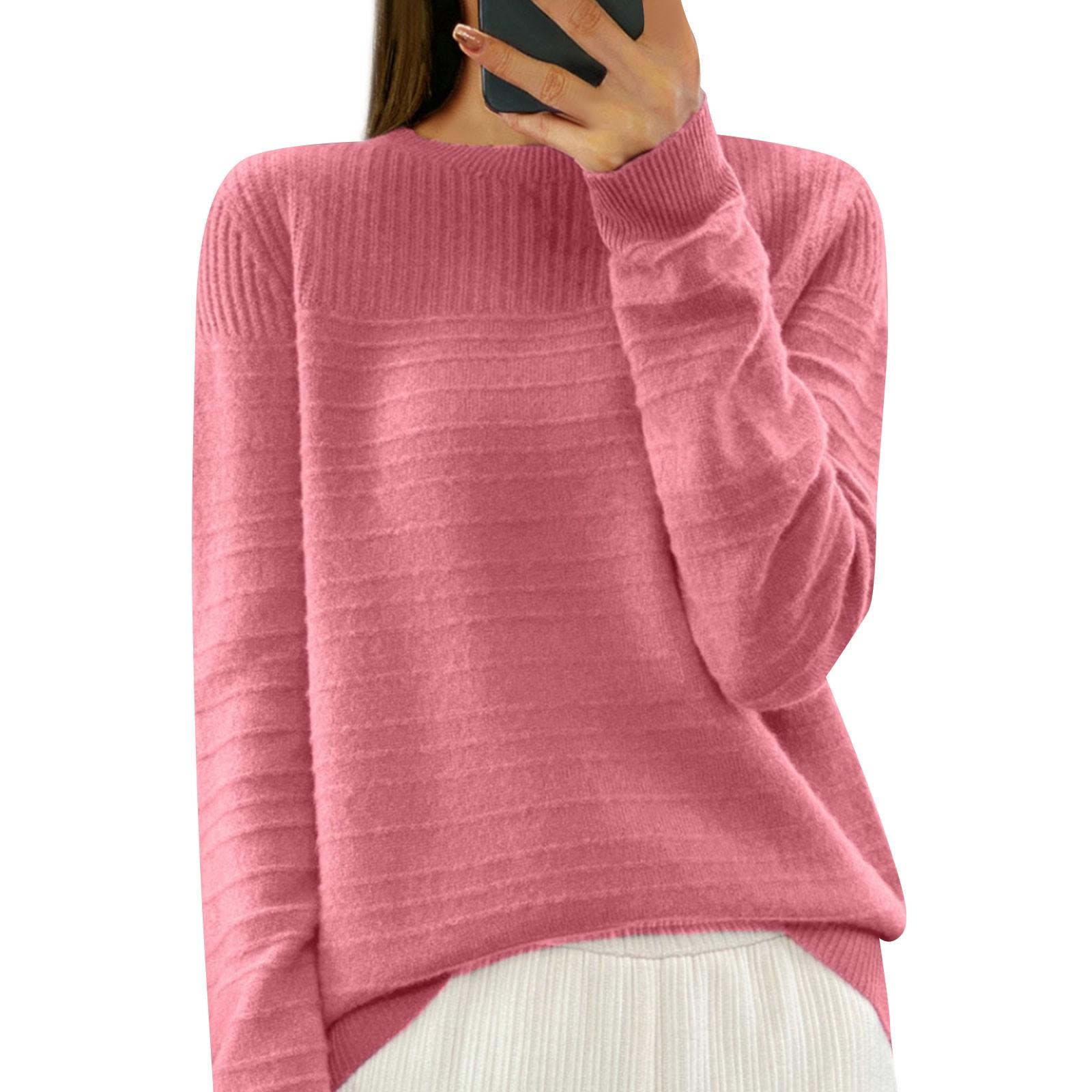 

Women s Fashion Round Neck Solid Color Knit Sweater Top Pullover Casual Sweater S розовый