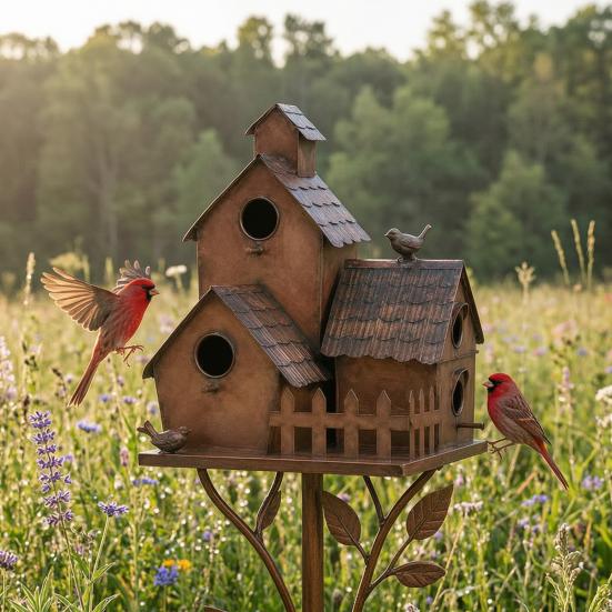 Outdoor Bird Feeder Metal House Garden Stakes, Decor, Weatherproof Iron Perch Art Decor for Lawn Yard Flower Bed