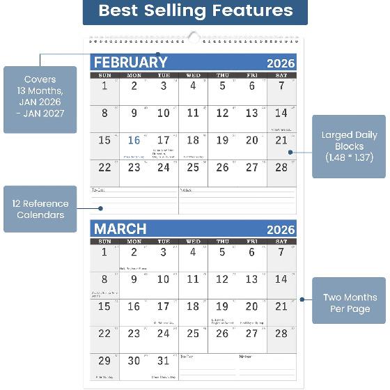 2026 Wall Calendar - 2 Month Wall Calendar 2026 Display (Folded in a Month), 17.6" x 11.3", Jan. 2026 - Dec. 2026, Calendar 2026 - Blue