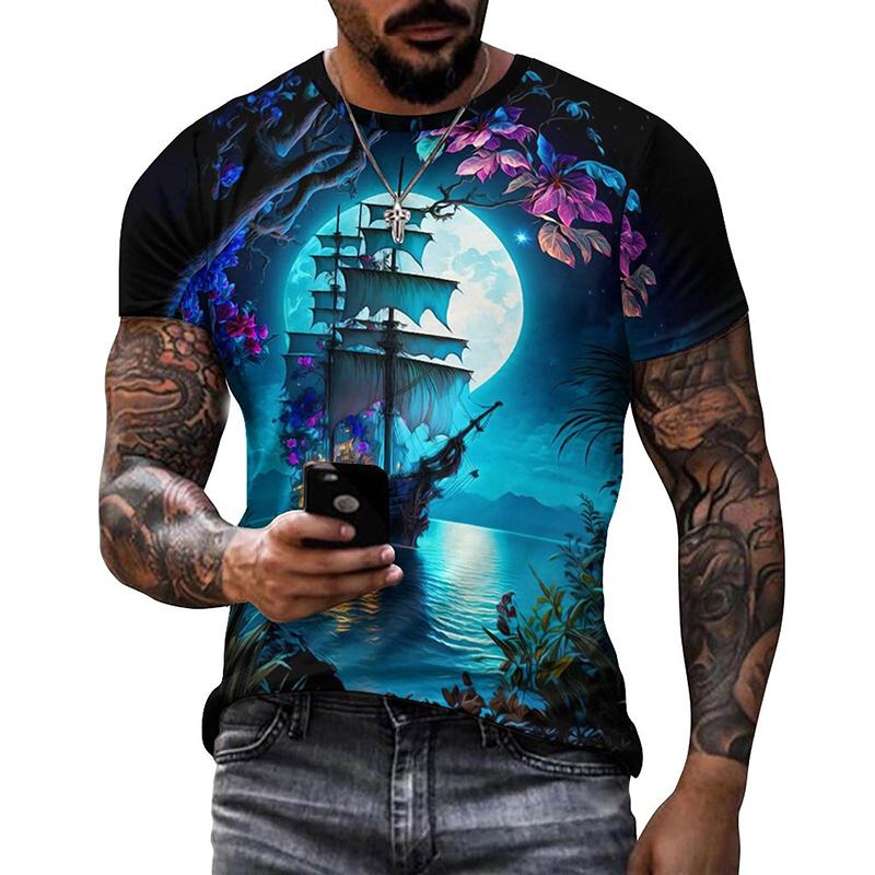 Segelboot Piratenschiff Grafik T-Shirts Herren 3D-Druck Kurzarm Tee Tops Lässig Herren Übergröße Streetwear T-Shirt Ropa Hombre