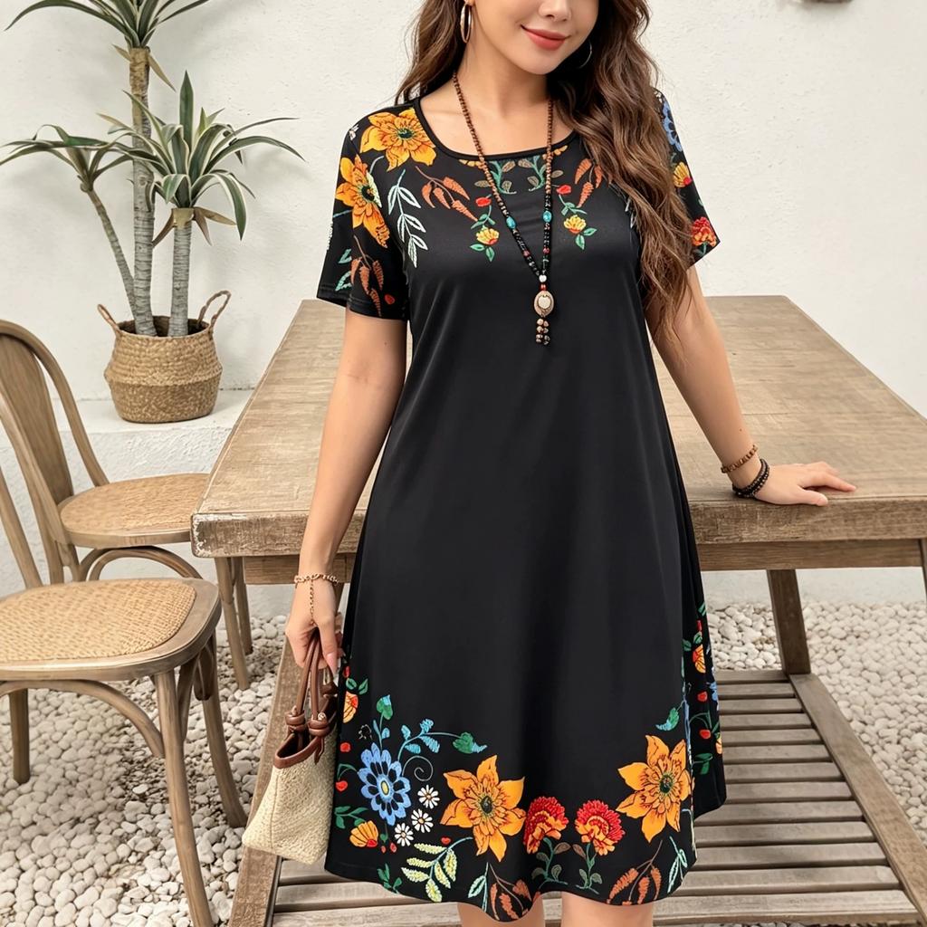Europe, America, large size plant flower print, fashionable and elegant round neck short-sleeved dress, women's large size thin dress