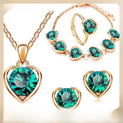 Crystal Heart Jewelry Set: Necklace, Earrings, Ring & Bracelet