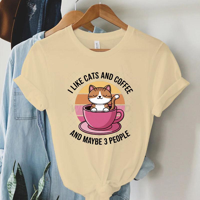 Kawaii Cat Coffee Lover T Shirt I Like Cats and Coffee Classic Top Tees Crew Neck Summer Clothes Coffee Lover Gift Cat Mom Shirt