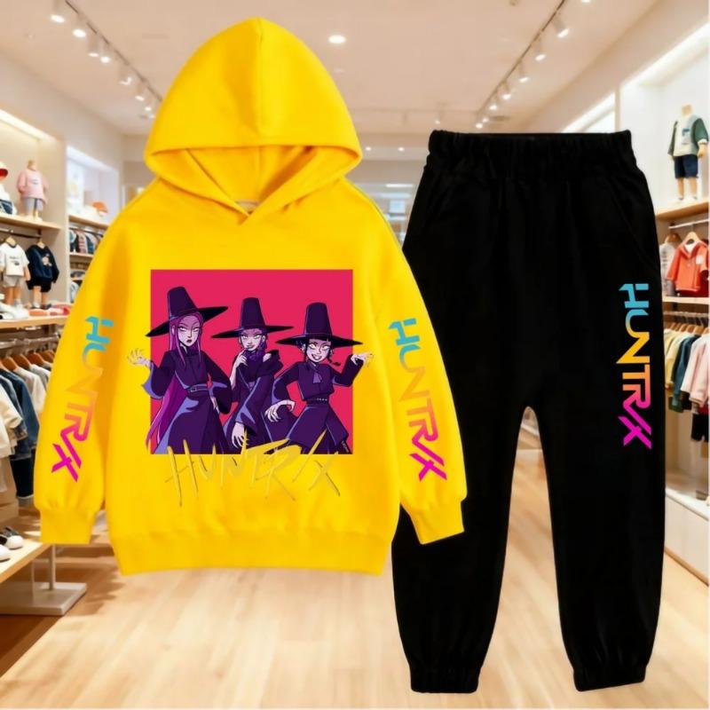 KPop Demon Hunters Printing Hoodies Sets Kids Clothes Children Hoodie+pants Suitable 3-12 Years Boys Girls Pink Black Sweatshirt
