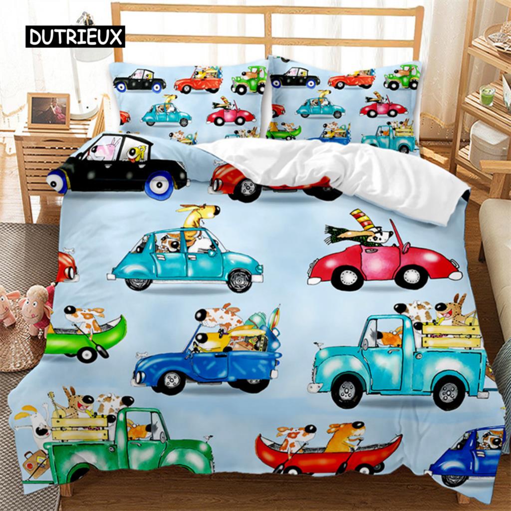 Travel Guide Duvet Cover Set Cartoon Route Car House Building Pattern Bedding Set Microfiber Travel Theme King Size Quilt Cover