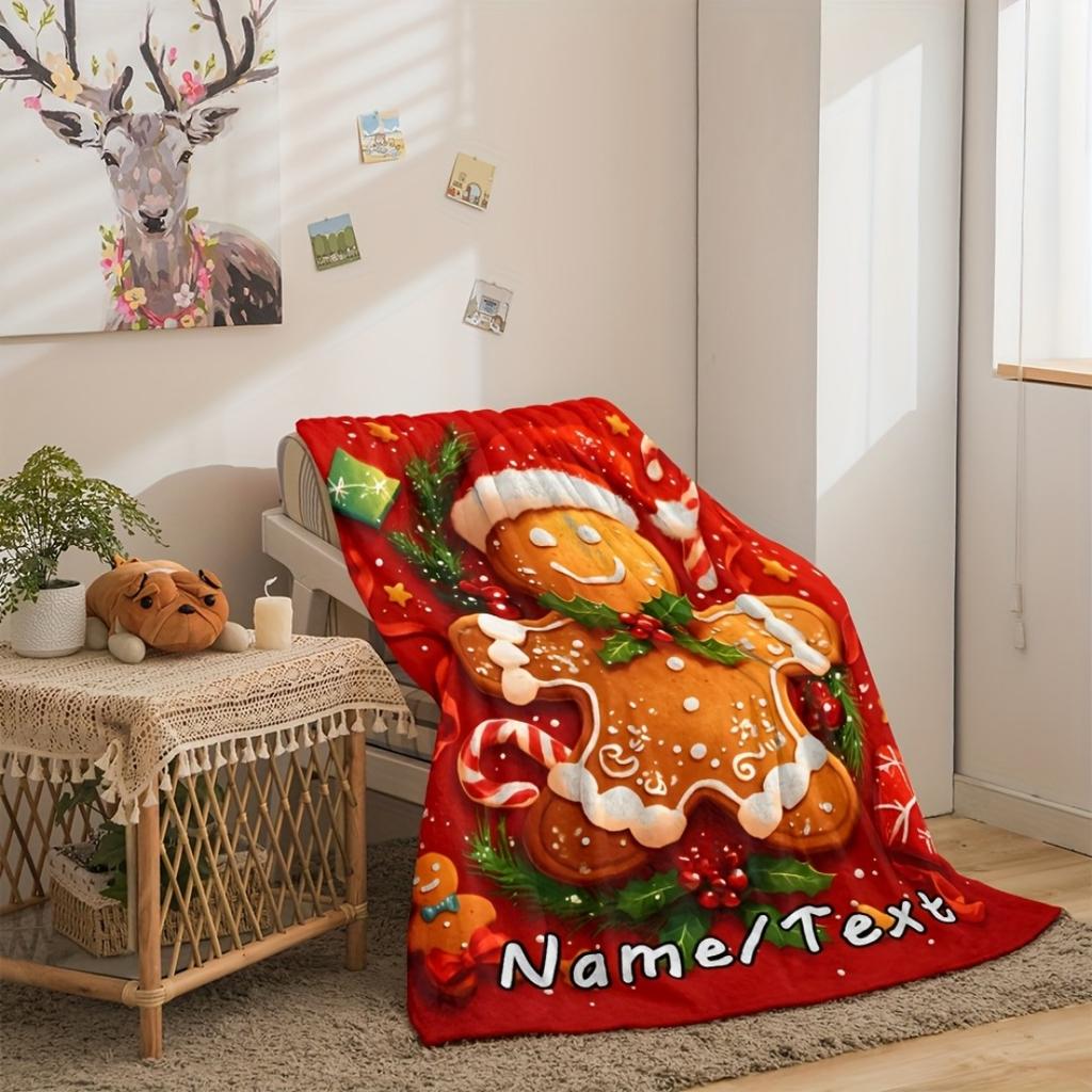 1pc Red Christmas Blanket Candy Gingerbread Man Printed Skin-Friendly Soft Blanket  New for Home Christmas Decoration