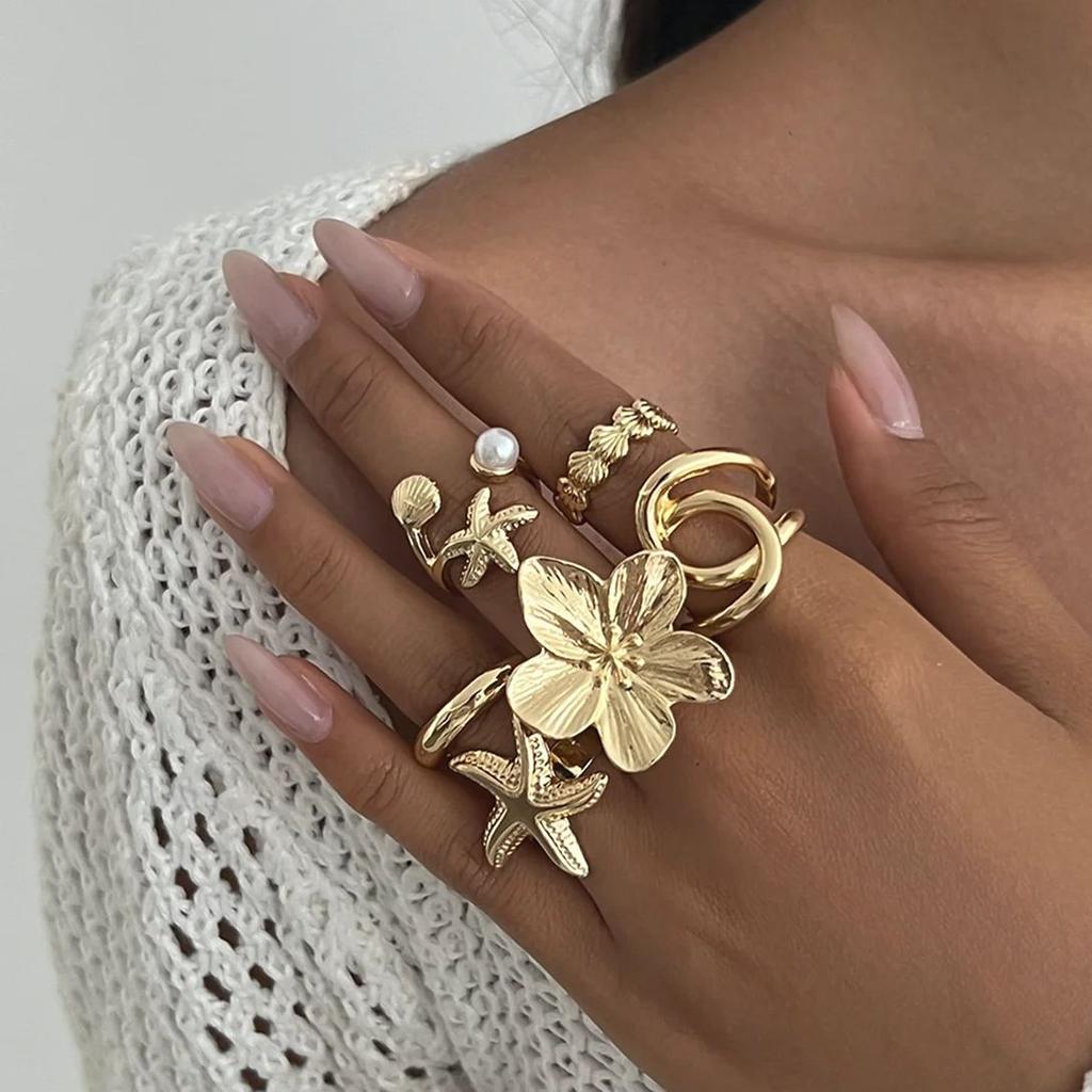 Ingemark Vintage Metal Starfish Flower Open Rings Women 2025 New Irregular Geometric Imitation Pearls Ring Wedding Party Jewelry