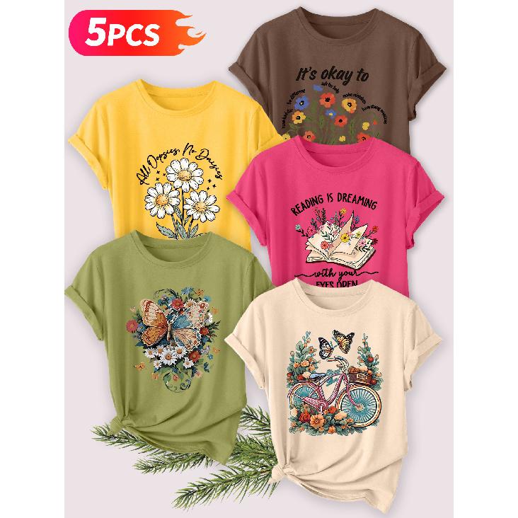 Five-piece set Elegant short-sleeved shirt for women Daisy Butterfly Print Round Neck Women's Casual Sportswear T Shirt Suitable for spring and