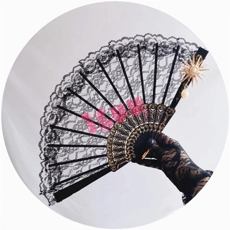 Lolita Cosplay Hand Held Fan Gothic Angel Wing Feather Rose Bead Chain Lace Flower Black Folding Fan Dance Photo Props Halloween