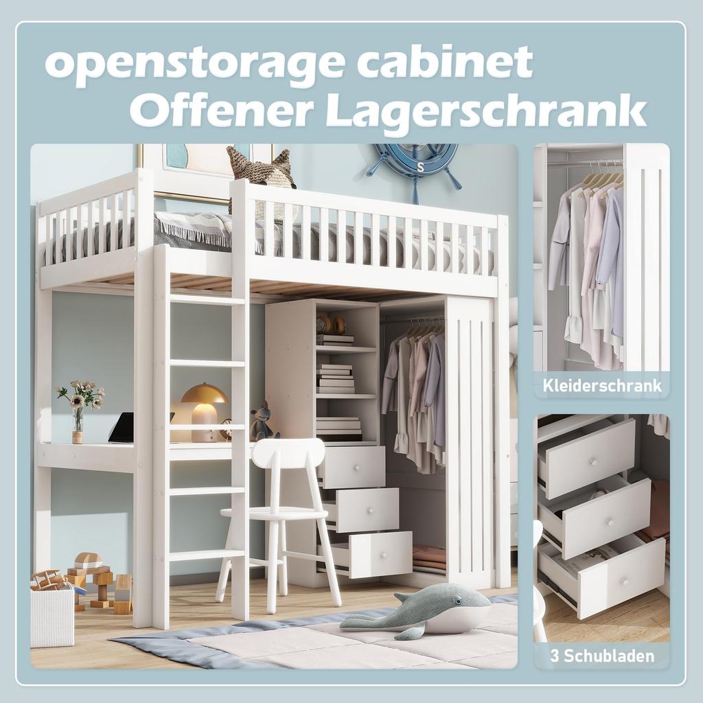 Bunk Bed 90x200 Desk Wardrobe 3 Drawers Storage Space Slatted Frame Pine Wood Youth Bed Children/Adults White