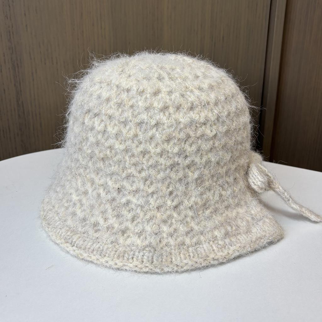 Sweet Bow Knitted Bucket Hat Women's Autumn and Winter Advanced Sense Warm Ear Protector Basin Hat Rear Split Bucket Hat