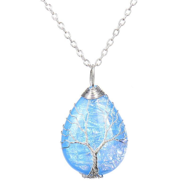 Handmade Copper Wire Winding Water Drop Tree Of Life Color Changing Corrugated Resin Necklace N516