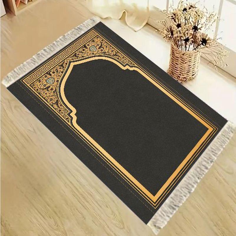 Tapis de Salat Islamique en Velours Simple Noir Or Bleu Motif Floral Mihrab Portable Antidérapant Tapis de Prière Cadeau de l'Aïd